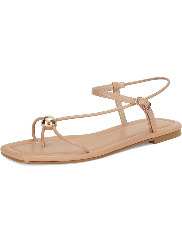 Women's Tan Faux Leather Comfortable Open Square Toe Strappy Thong Slide Sandals